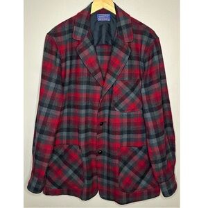 Pendleton Red Black Gray Plaid Wool Shirt Jacket Button Down Blazer Flannel